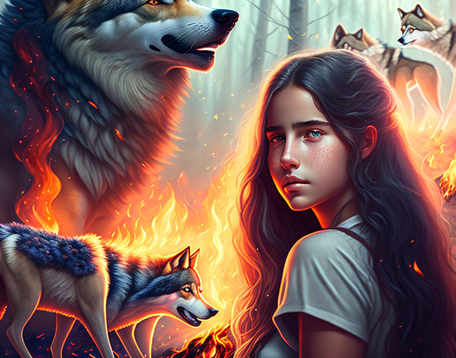 Digital Artwork: Young Girl Among Wolves with Flaming Wolf