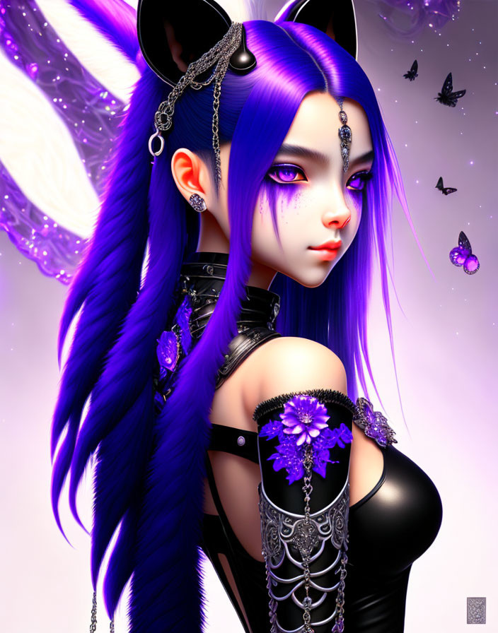 Purple-haired female character with cat-like ears, silver and purple jewelry, and butterflies.