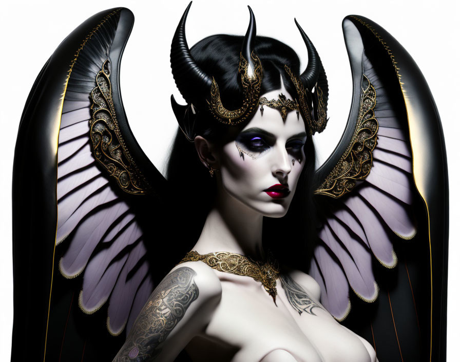 Person with Dark Wings, Horns, Headgear, Jewelry, Makeup, and Tattoos
