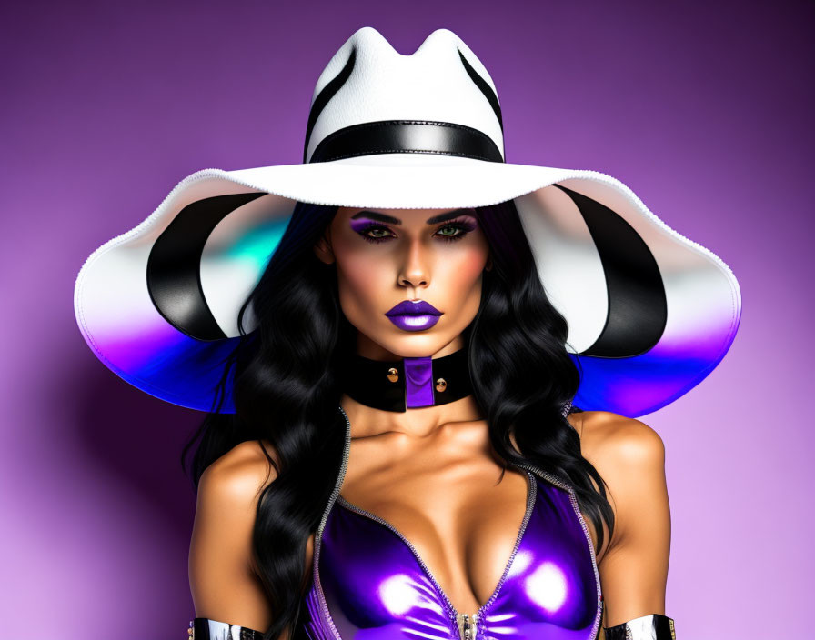 Stylized illustration of woman in black and white hat with purple outfit