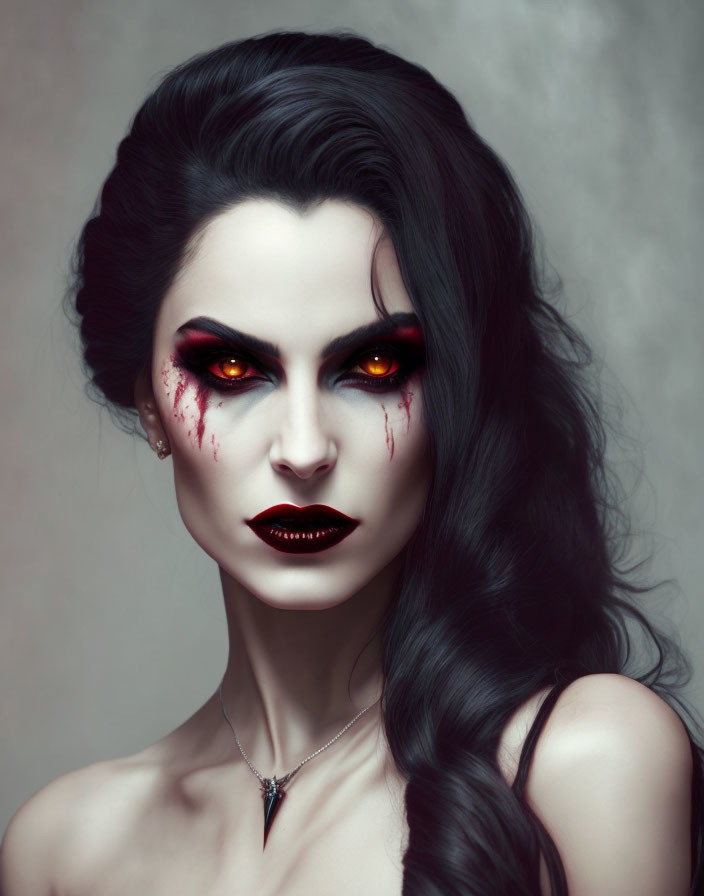 Dramatic red and black makeup with dark lipstick on a woman