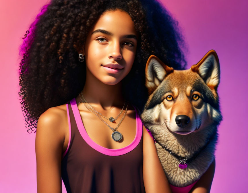 Curly-Haired Woman and Alert-Eared Dog Against Pink-Purple Backdrop