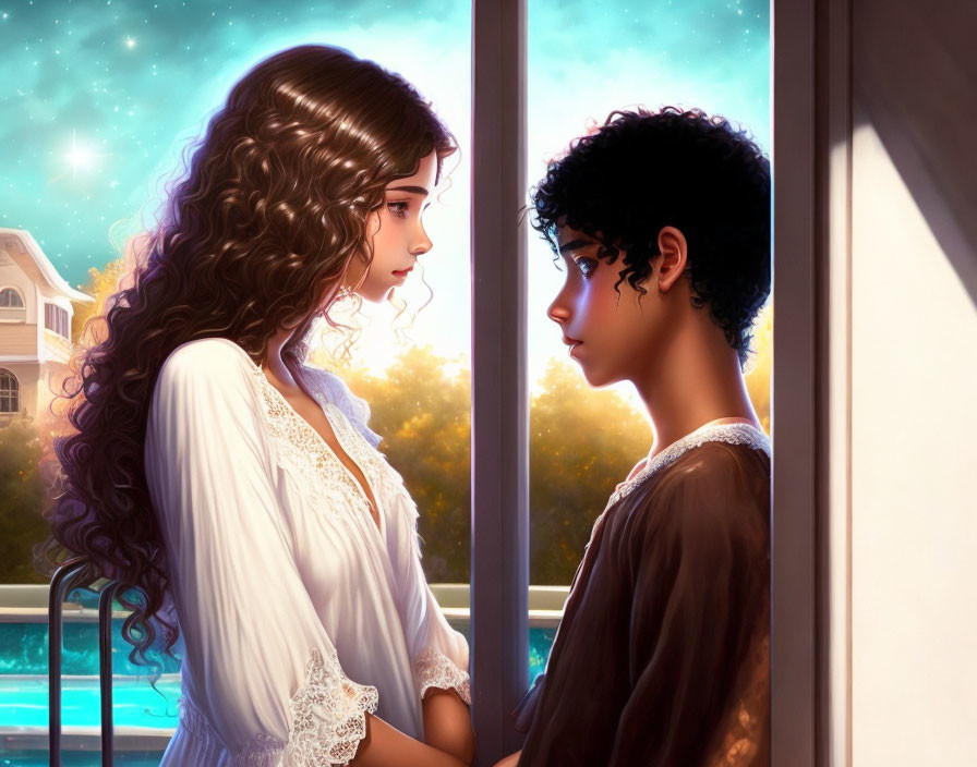 Animated characters with intricate curly hair by a window with a starry twilight sky view