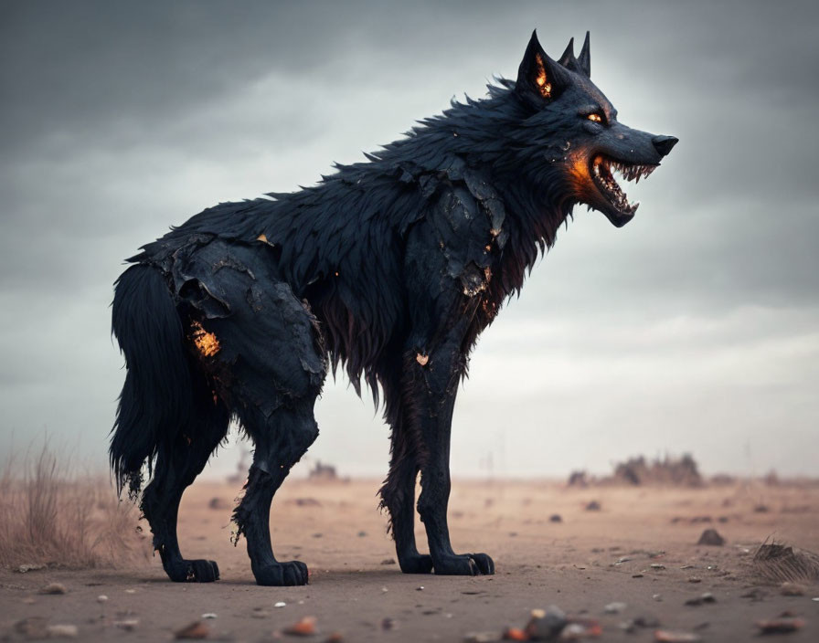 Menacing black wolf with glowing eyes in desolate landscape