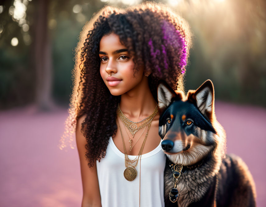 Curly-Haired Woman with Bright-Eyed Dog Outdoors