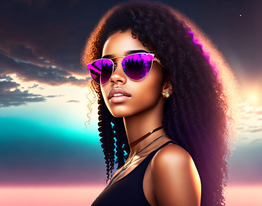 Curly-Haired Woman in Pink Sunglasses at Sunset