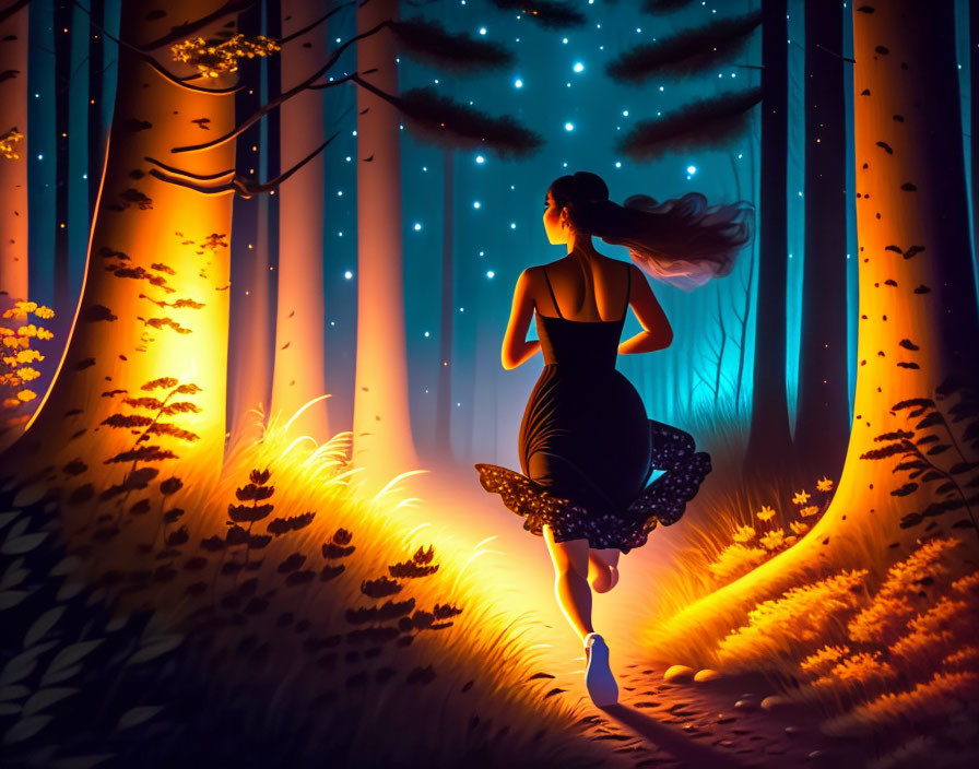 Enchanted forest scene: Woman running at night with fireflies.