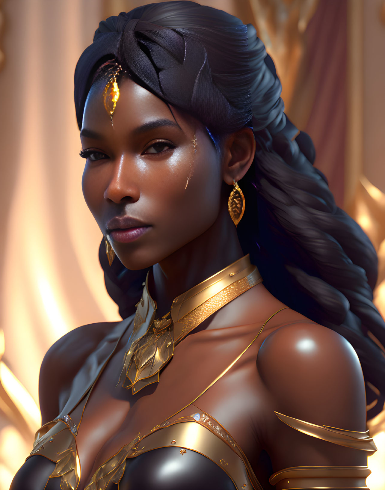 Portrait of a regal woman with braided hairstyle and gold jewelry on golden backdrop