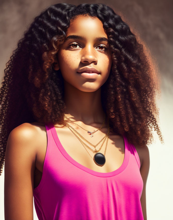 Curly-Haired Woman in Pink Top and Pendant Necklace Looking Upwards
