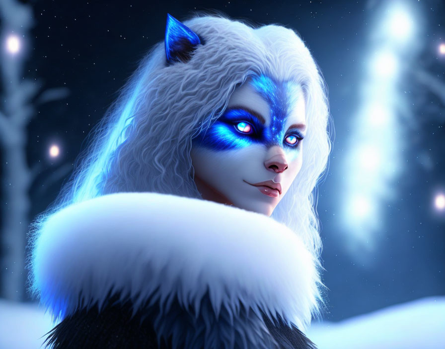 Digital artwork: Female figure with blue eyes and wolf-like features in snowy night.