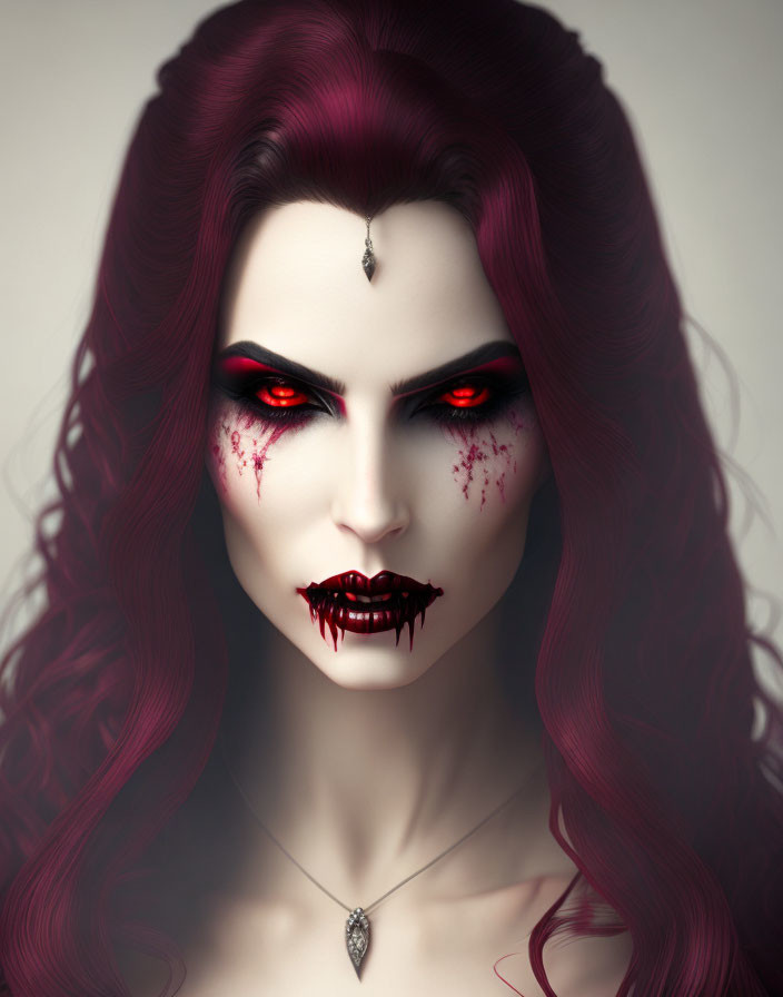 Digital Artwork: Female Figure with Red Eyes, Blood-Stained Lips, and Crimson Hair