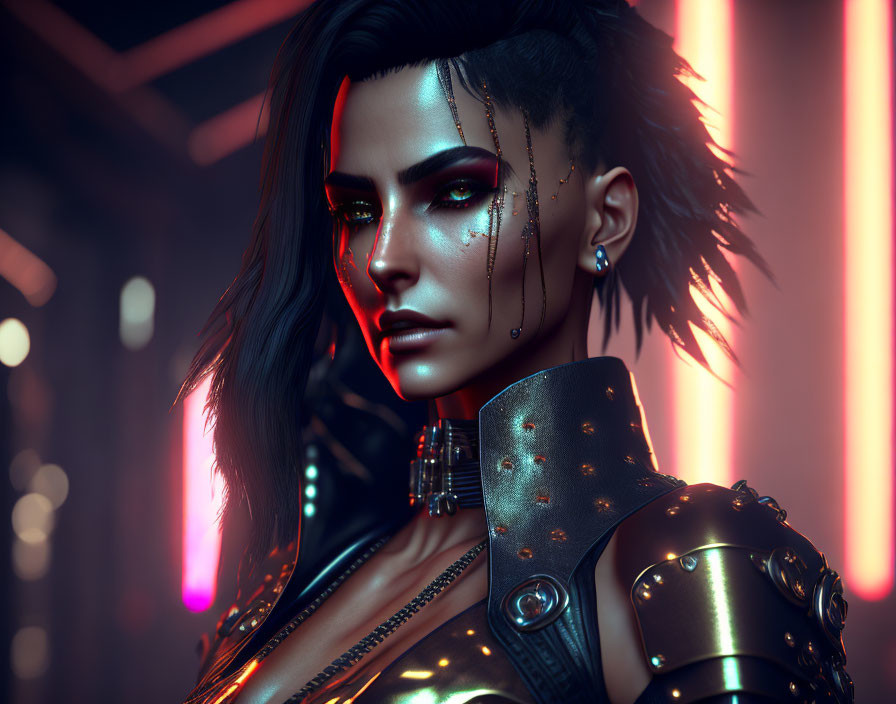 Futuristic punk style woman portrait with black jacket and neon lighting