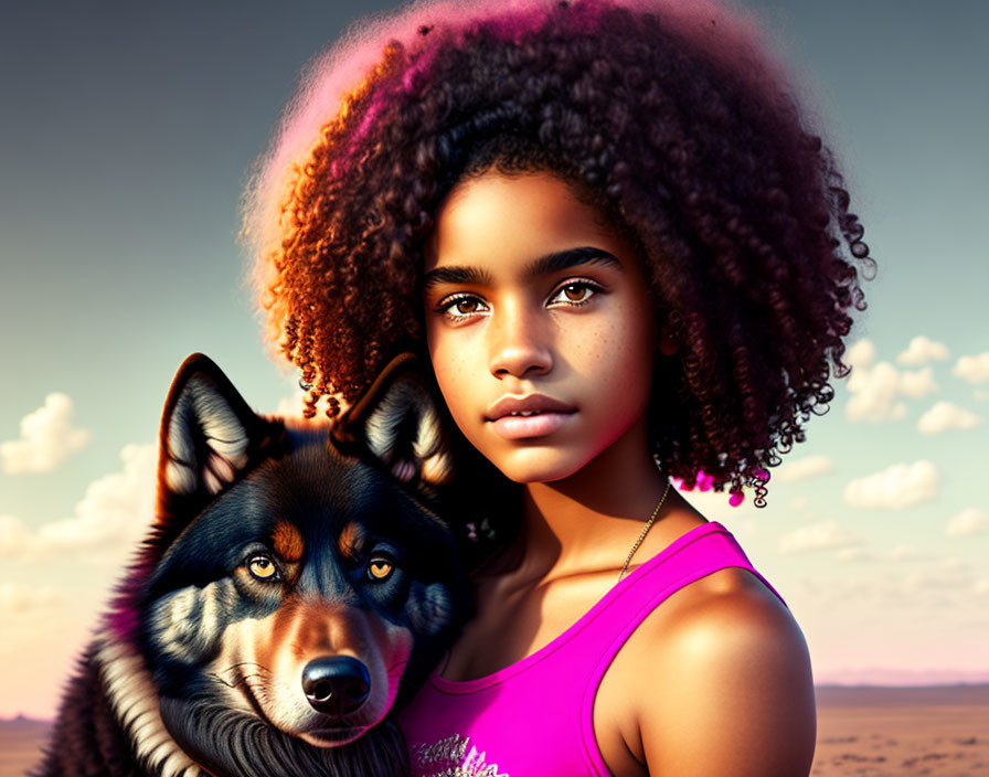 Young girl with curly hair and husky dog in dusk sky scene
