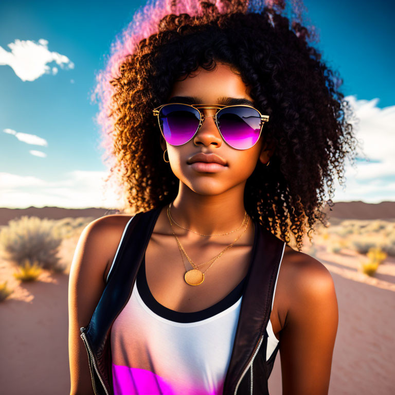Curly-Haired Woman in Tank Top and Sunglasses in Desert Landscape
