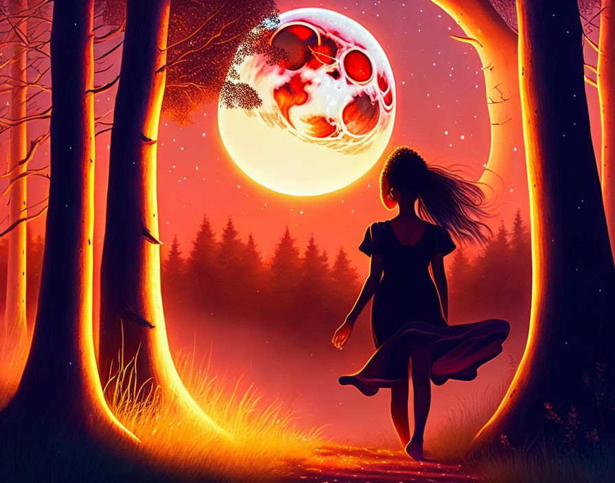 Person silhouette in mystical forest with oversized reddish moon