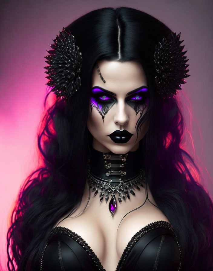 Stylized gothic woman with black hair and purple makeup