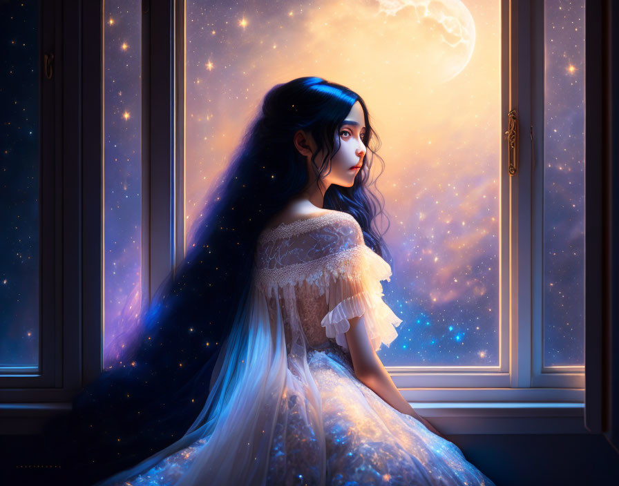 Illustration of woman looking at starry night sky with flowing hair