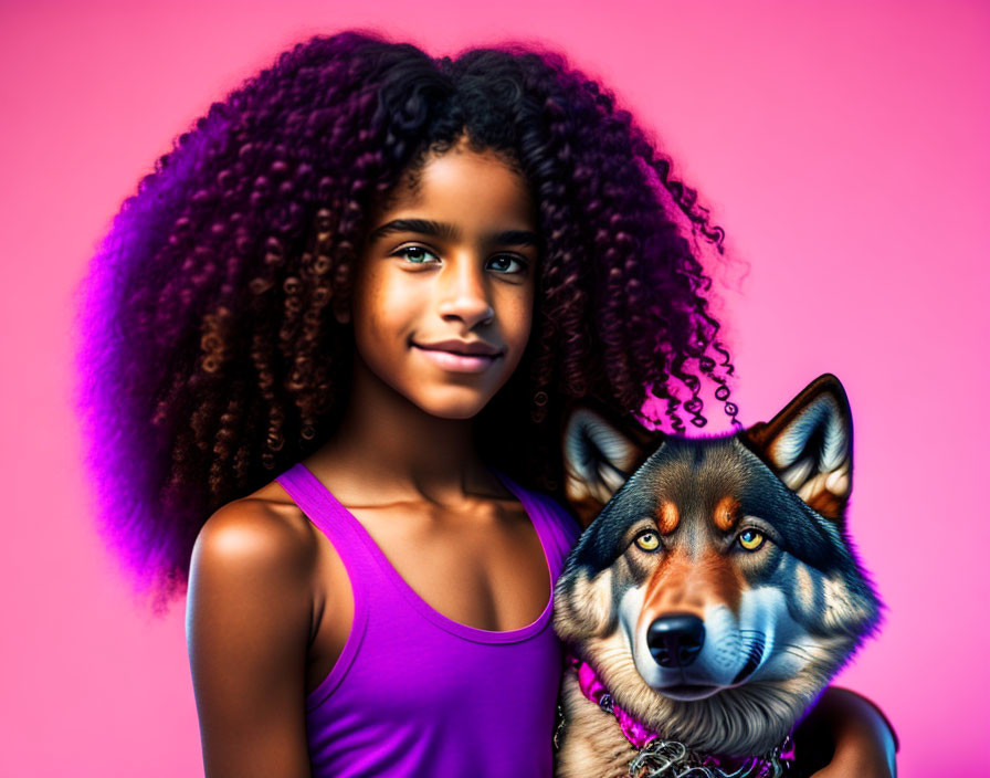 Young girl with curly hair next to realistic wolf illustration on pink background