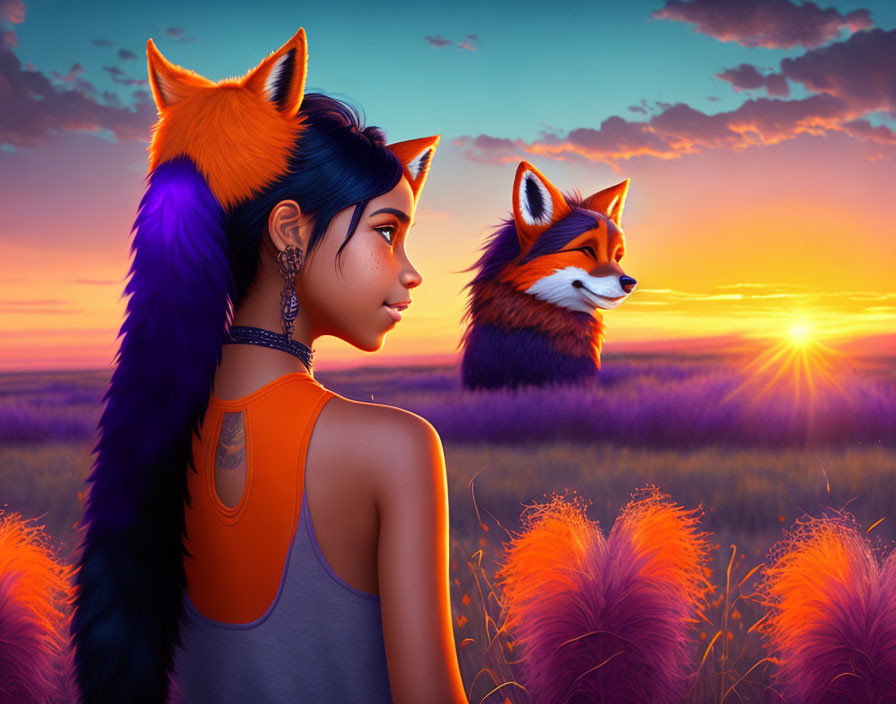 Young woman with fox ears and fox watching sunset in golden-purple grass field
