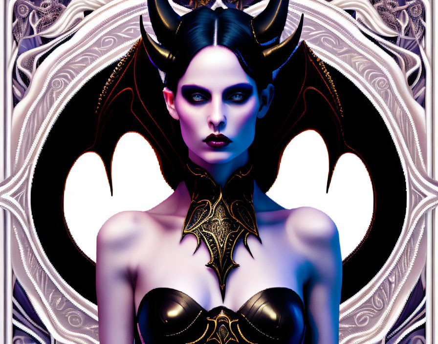 Illustration of Gothic woman with horns, wings, and dark attire on intricate background