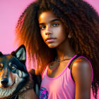 Curly-Haired Girl and Husky Dog with Necklaces on Pink Background