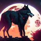 Mythical black wolf digital artwork with red eyes, moon, and crimson sky