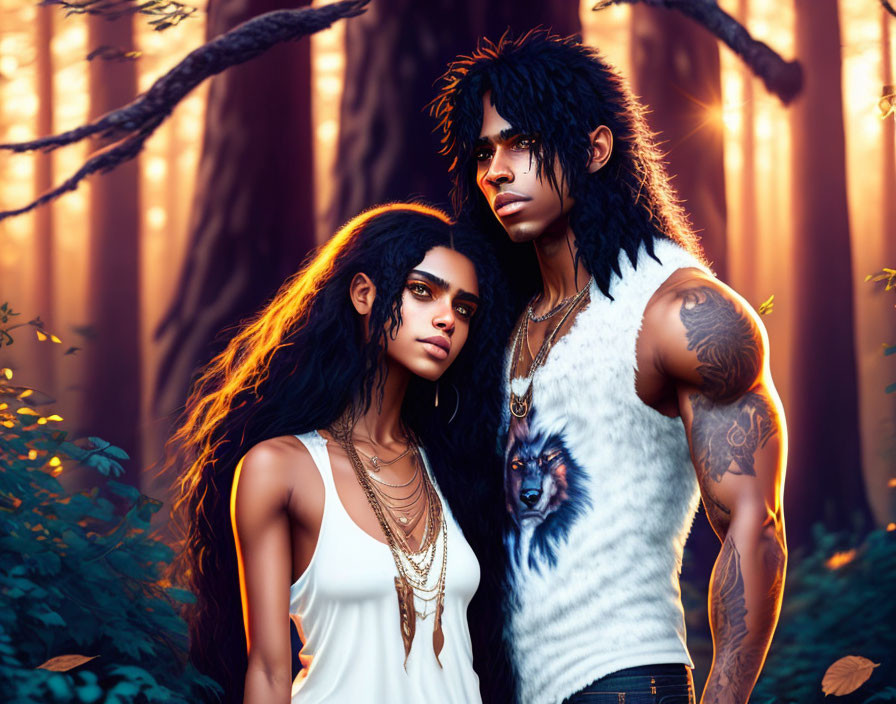 Two individuals with dark, wavy hair in mystical forest with tattoos and wolf graphic on shirt.