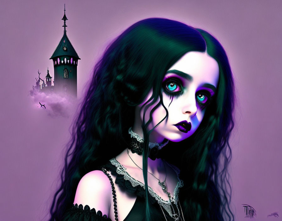 Gothic-style digital art: Woman with green hair and blue eyes, purple background, misty