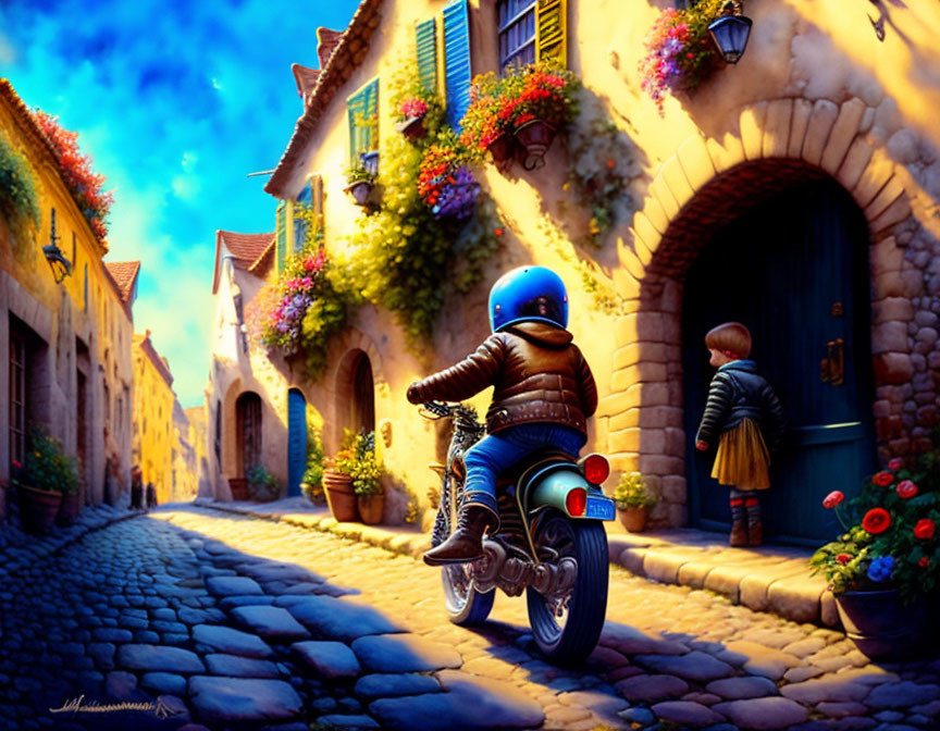child riding a motorcycle on an old cobblestone st