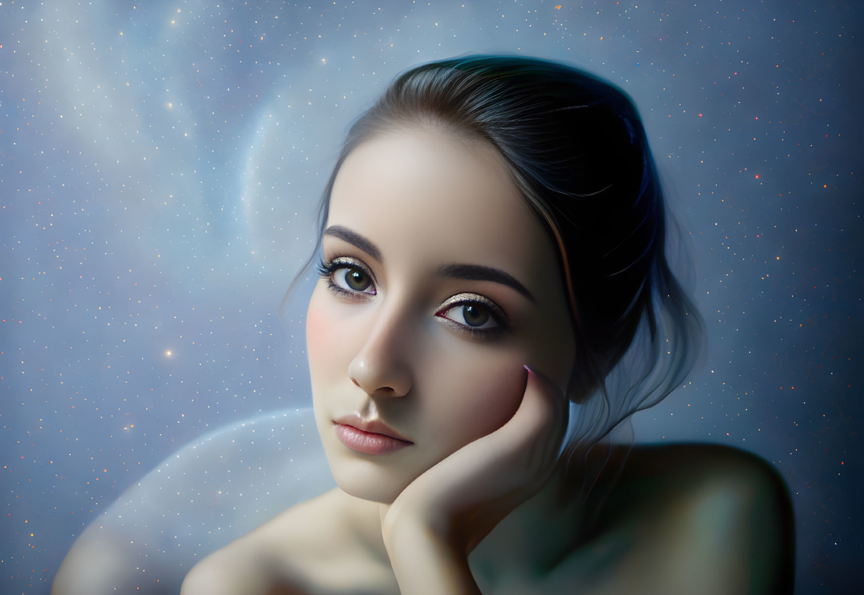 Woman with serene expression against starry backdrop