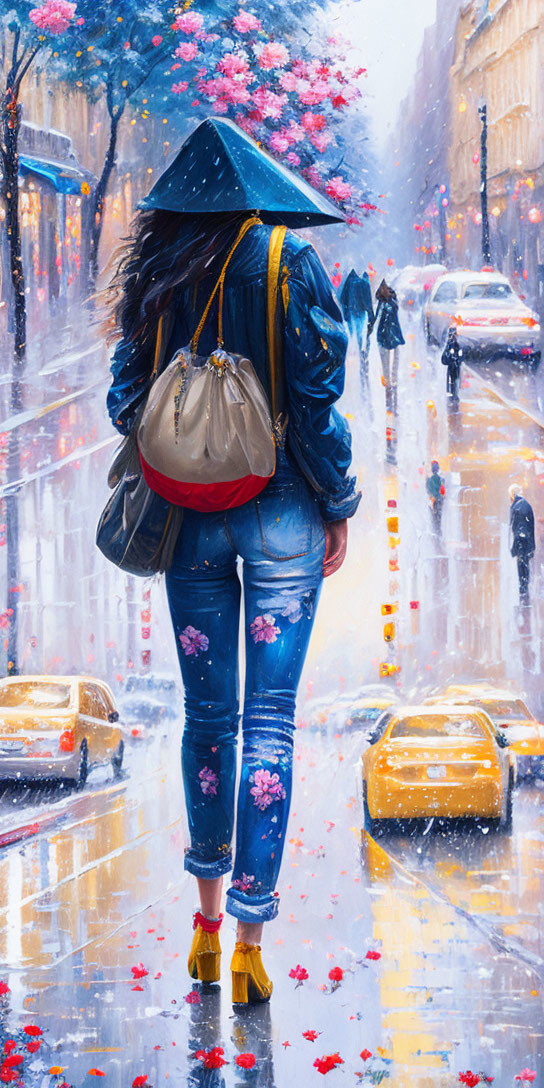 Woman in graduation cap walks rainy city street with beige bag, blue jacket, yellow shoes.