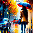 Colorful Rainy Street Scene with Blue Umbrella and Eiffel Tower