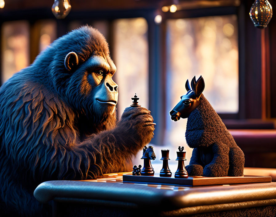 Sasquatch playing chess against a llama at a bar 
