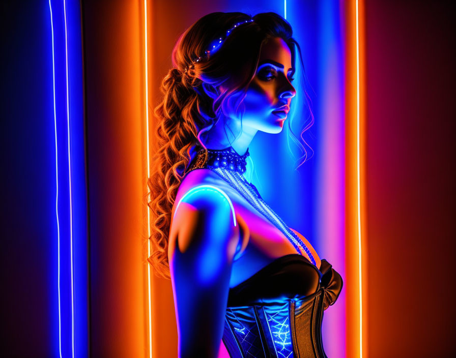 Woman with wavy hair in dark corset under neon lights