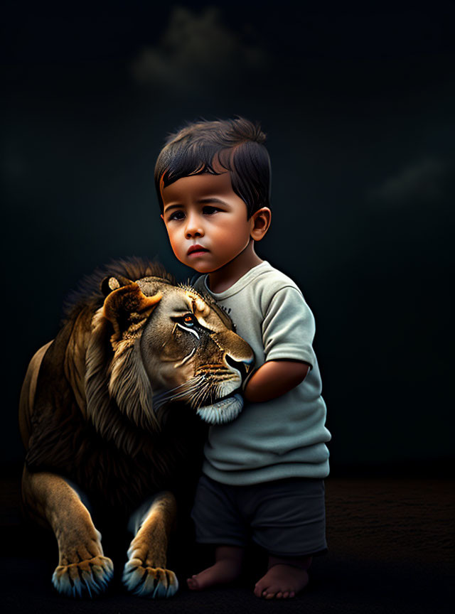 a child petting a lion
