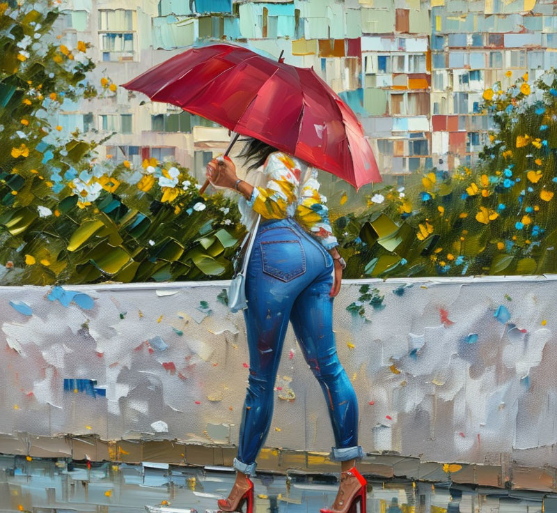 Woman with red umbrella on wet surface in floral shirt and red heels