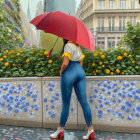 Person with red umbrella in vibrant rain-soaked cityscape surrounded by colorful blooms