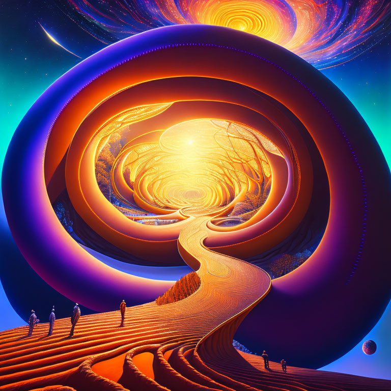 Surreal pathway in vibrant, concentric landscape under cosmic sky