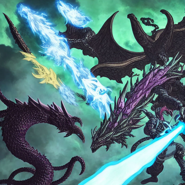 Stylized dragons in distinct colors converging on glowing blue energy