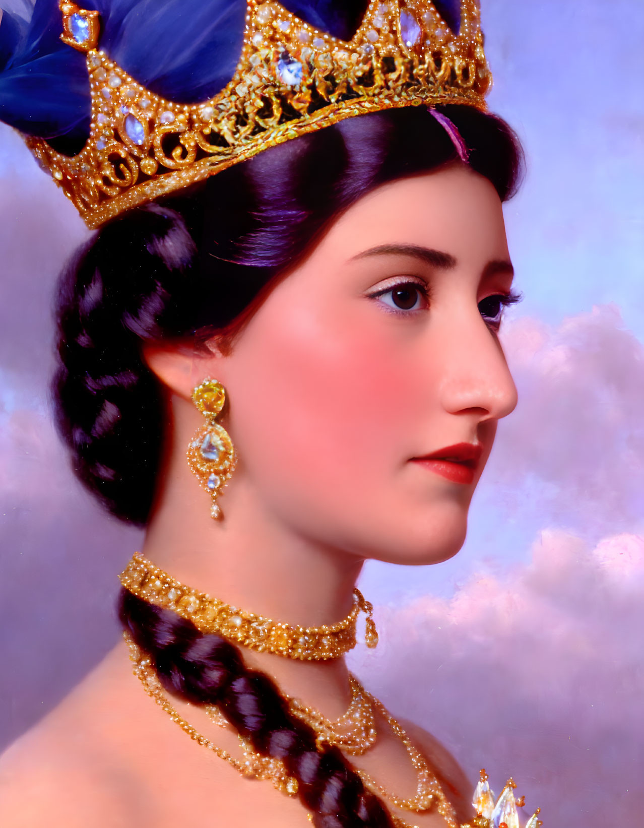 Portrait of woman with crown, side-braid, earrings, and necklace against clouded sky