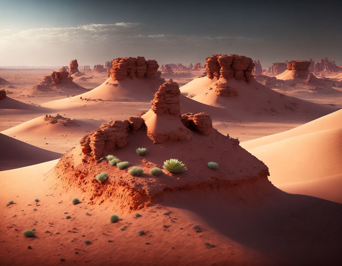 Desert landscape with sand dunes, rock formations, and green vegetation