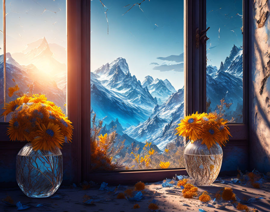 Mountain sunrise through open windows with yellow flowers and scattered leaves.