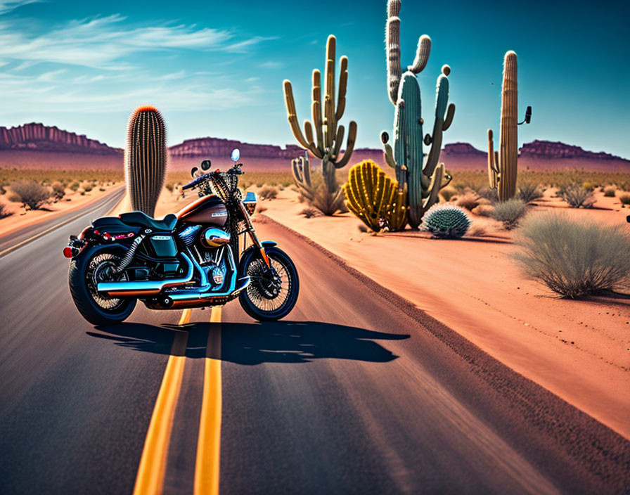 Desert Road Scene: Motorcycle and Cacti Under Blue Sky