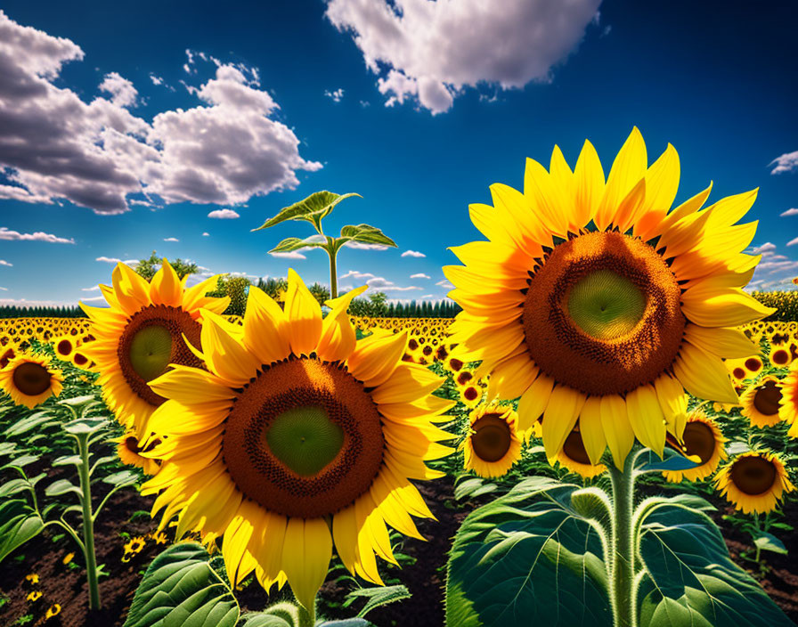 Field of Vibrant Sunflowers Under Blue Sky with One Tall Flower