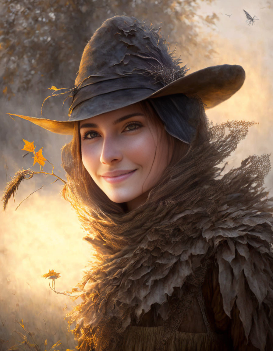 Serene woman in rustic hat and shawl in autumnal setting
