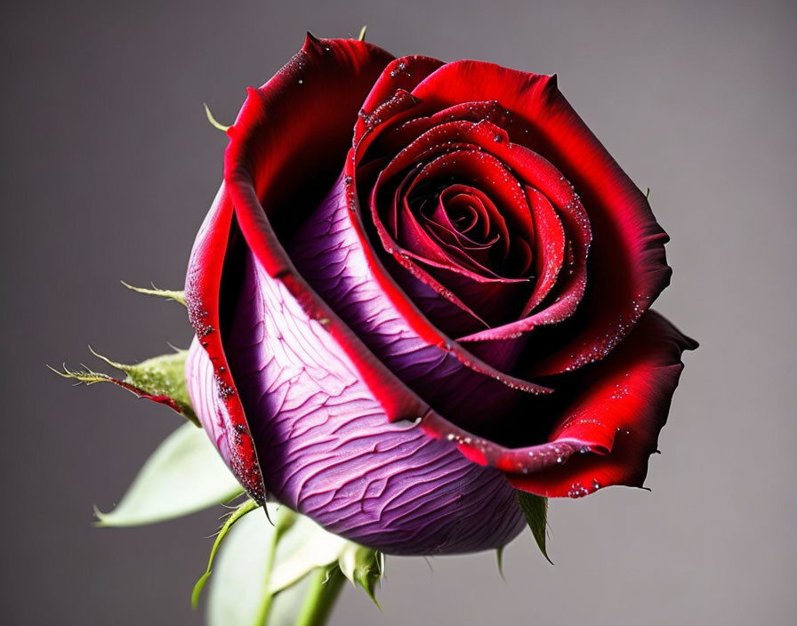 Detailed High-Resolution Image of Red Rose with Water Droplets on Grey Background
