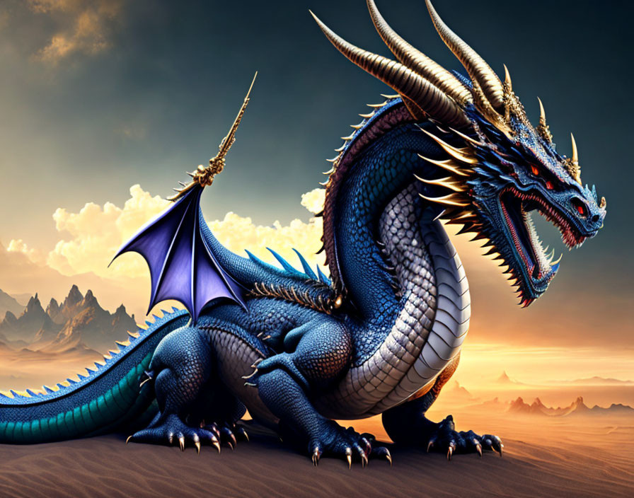 Blue dragon with horns and wings in desert landscape at dusk