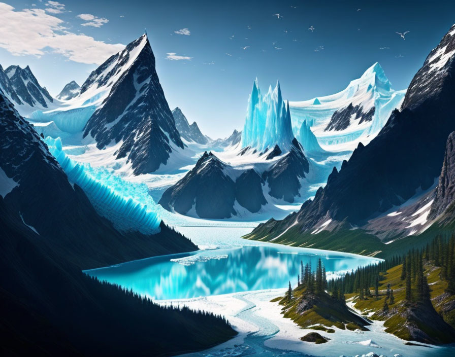 Turquoise lake, mountains, glaciers, and bird in serene landscape