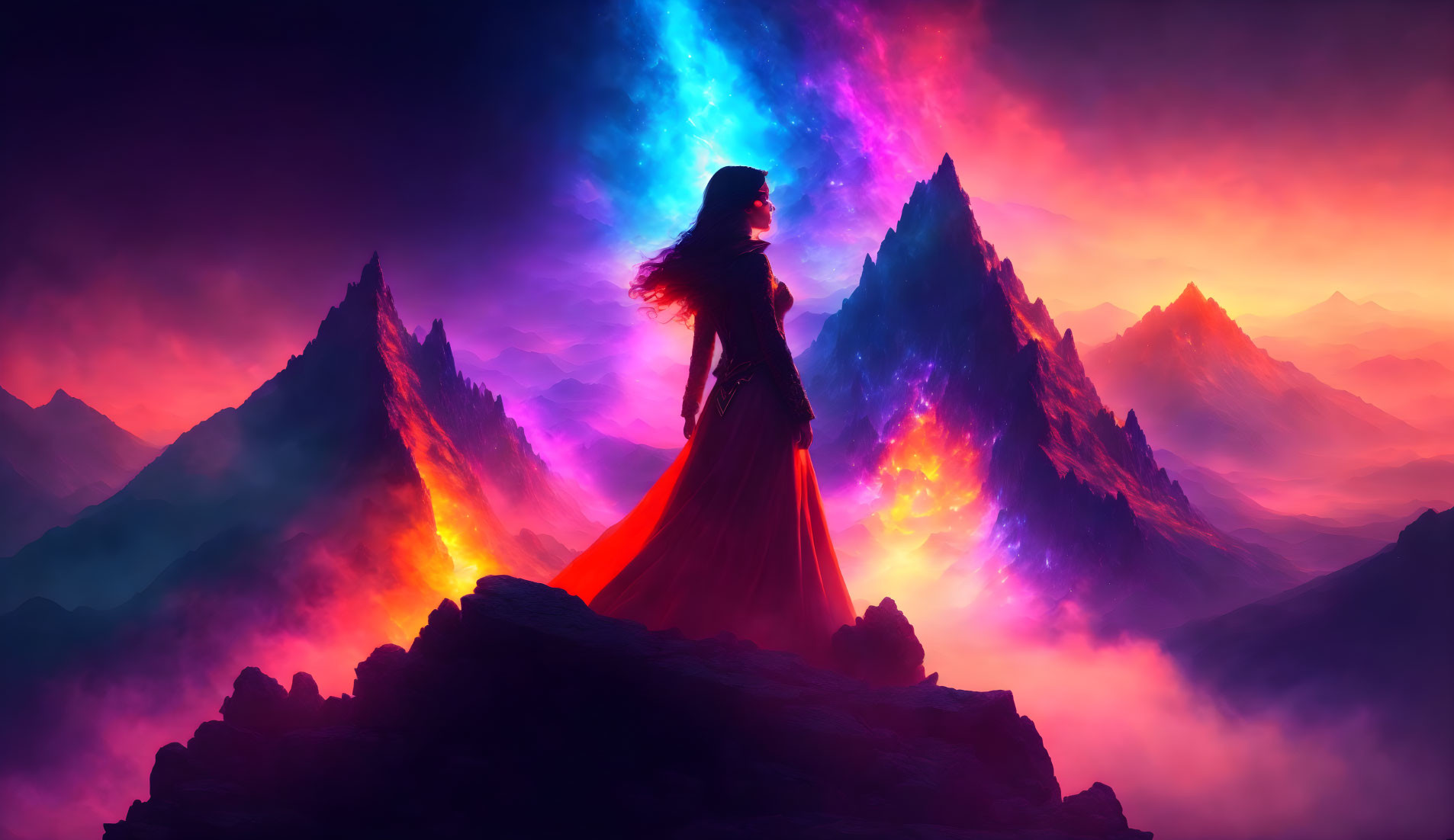 Woman in front of a colorful landscape of lights