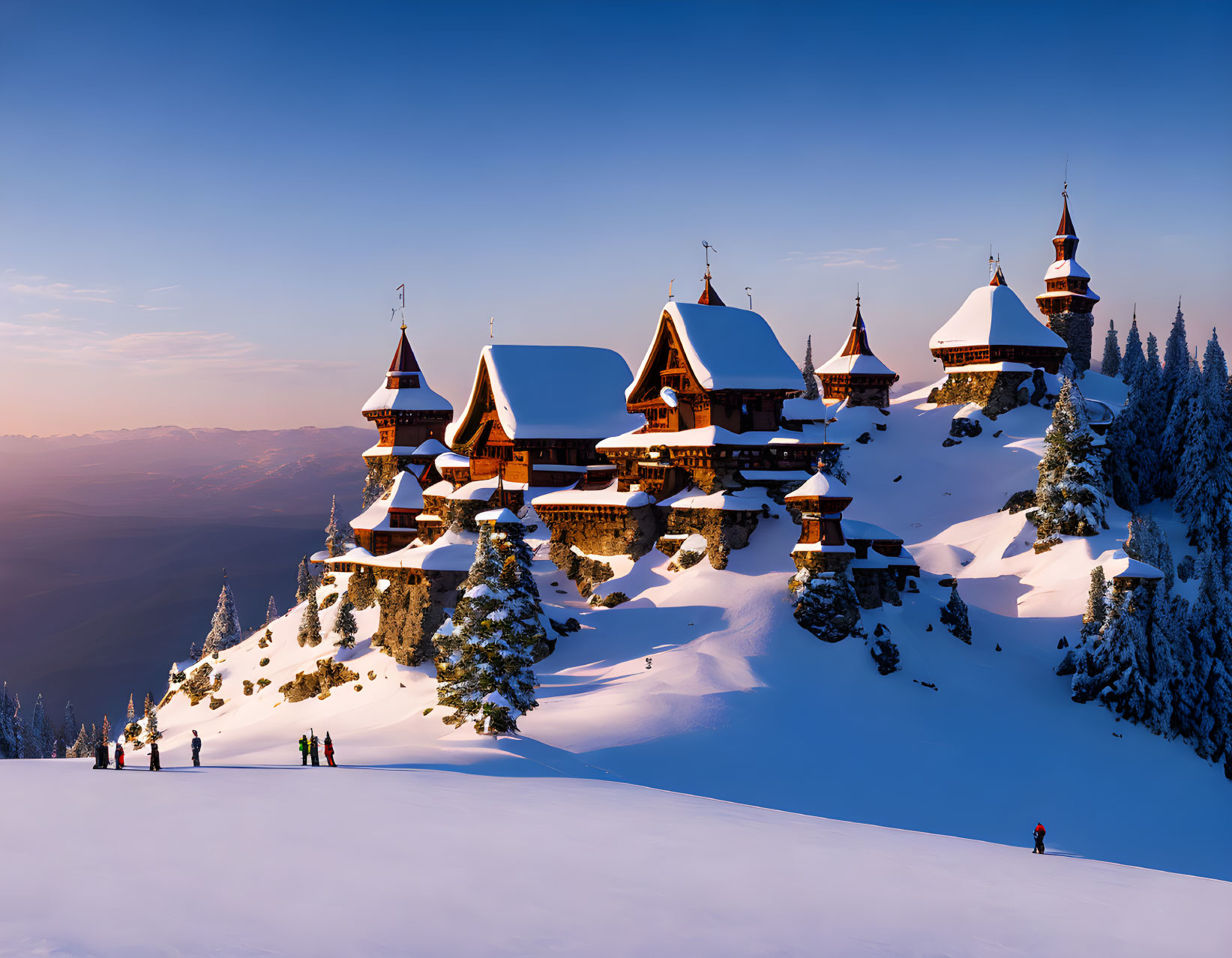 Snow-covered medieval village